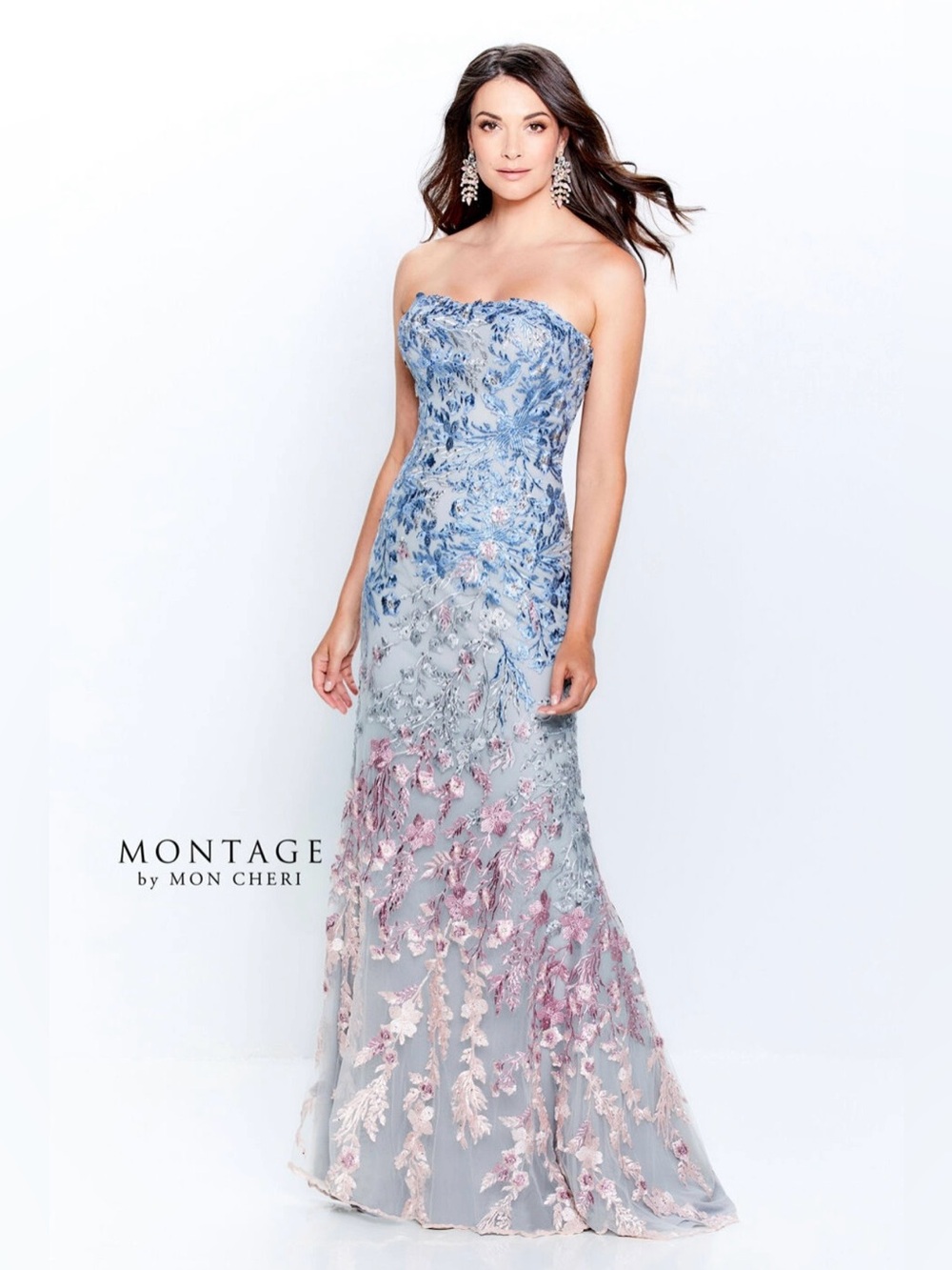 Montage by Mon Cheri Strapless Blue and Pink Embroidered Evening Gown